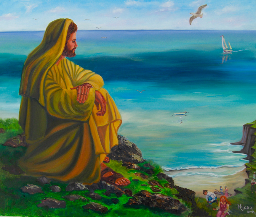 Jesus sitting overlooking the sea